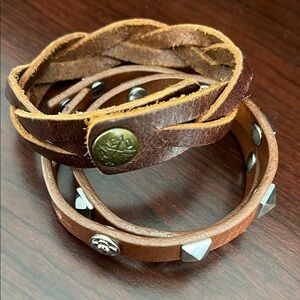 Unisex Brown Leather Bracelet Set with Metal Accents